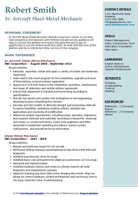 aircraft sheet metal mechanic resume|7+ Aircraft Sheet Metal Mechanic Resume Examples & Top Skills .